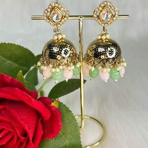 Beautiful Mint Pink and Gold Tayani Kundan Stone Jhumka